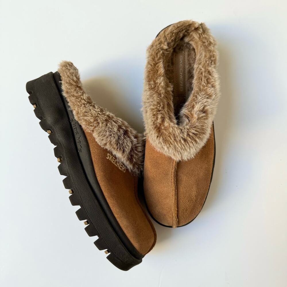 Skechers Brown Black Fuzzy inside Fortress Clog Slipper Shoes Women's 8